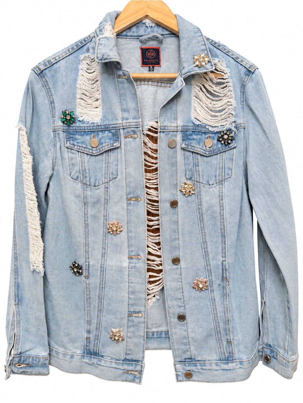 Glam Rock Style Rhinestone Distressed Denim Jacket – size S